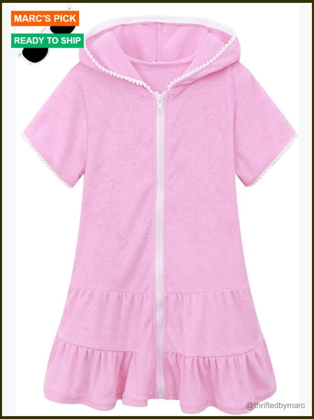 Girls Terry Swim Cover Up Zip-Up Hooded with Sunglasses